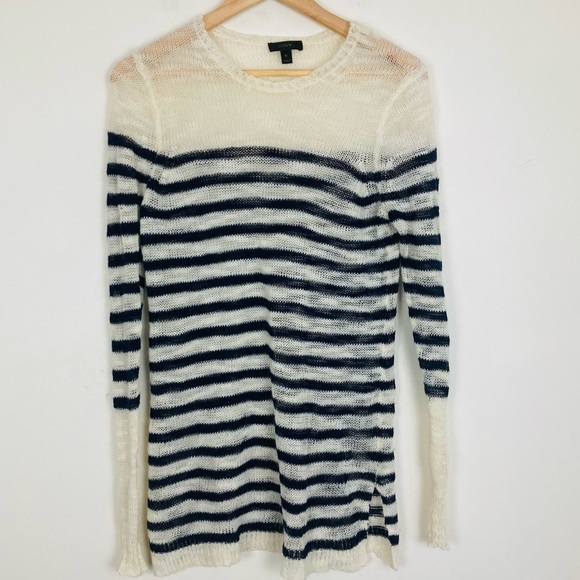 J. Crew white and nave blue open weave Breton stripe longline sweater. Medium - Picture 2 of 4